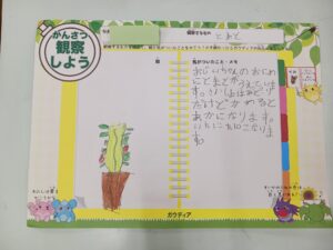 Colorful children's workbook page with a potted cactus drawing, bordered by cartoon animals and Japanese text sections.